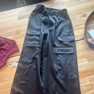 Black satin wide leg cargo pants